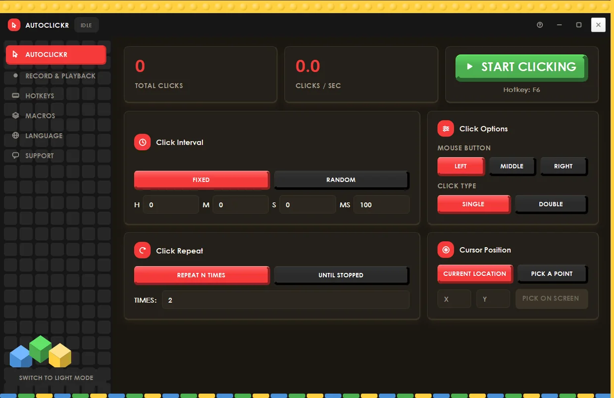 The autoclickr app window: total clicks and clicks per second at the top, then click interval, click options, click repeat and cursor position controls.