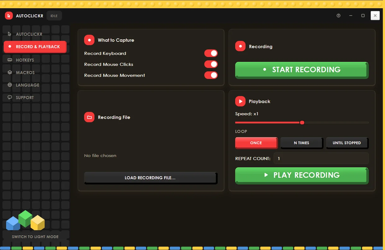 autoclickr record and playback screen with capture toggles for keyboard, mouse clicks and mouse movement.
